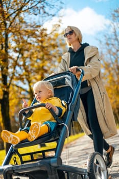 Young beautiful mother wearing a rain coat pushing stroller with her little baby boy child, walking in city park on a sunny autumn day.
