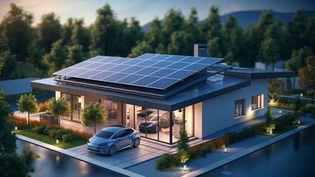 Solar panels on the roof of the house. 3D rendering. High quality photo