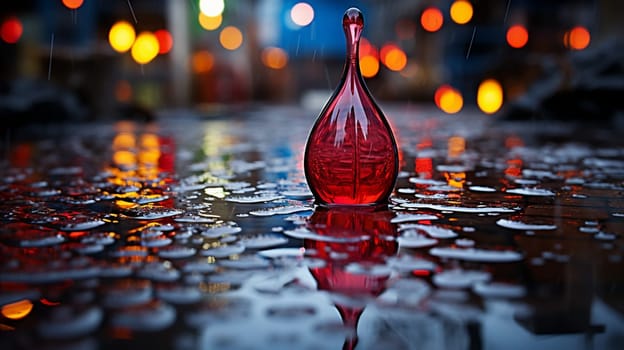 Raindrops on a glossy surface suspended by neon light. The lights of the city at night in puddles on the pavement. Dark abstract background, blur bokeh. dark background, reflection of raindrops. High quality photo