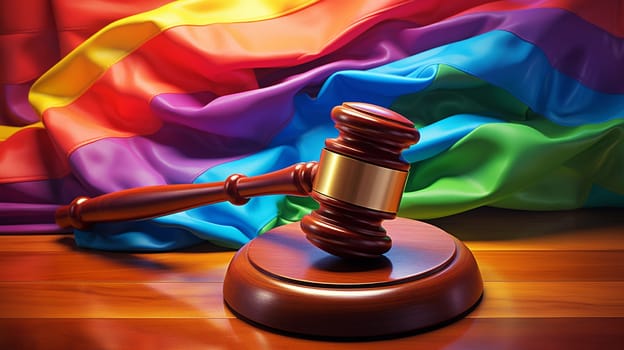 Lgbtq laws, lawsuit and legislation concept with a wooden judge gavel and lgbt pride rainbow flag colors on background 3D illustration. High quality photo