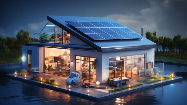 Solar panels on the roof of the house. 3D rendering. High quality photo