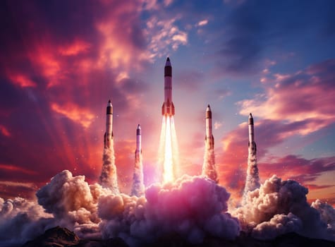 Space rocket take off from Earth. Spacecraft in sky. Mission on Moon of Orion spacecraft. Spaceship take off. Artemis space program. Elements of this image furnished by NASA. High quality photo