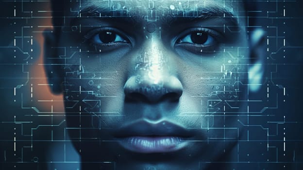 Computer graphics diagram of an artificial intelligence processor with a female face that is clasped in the hands of a man. The concept of the future of mankind in modern technologies. High quality photo