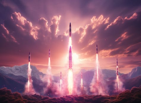 Space rocket take off from Earth. Spacecraft in sky. Mission on Moon of Orion spacecraft. Spaceship take off. Artemis space program. Elements of this image furnished by NASA. High quality photo