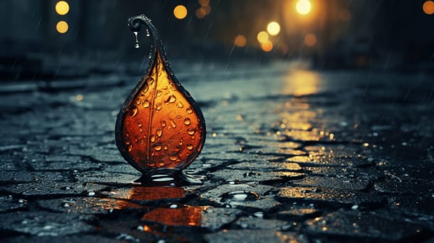 Raindrops on a glossy surface suspended by neon light. The lights of the city at night in puddles on the pavement. Dark abstract background, blur bokeh. dark background, reflection of raindrops. High quality photo