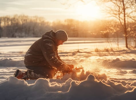 Fisherman on a lake at winter sunny day. High quality photo