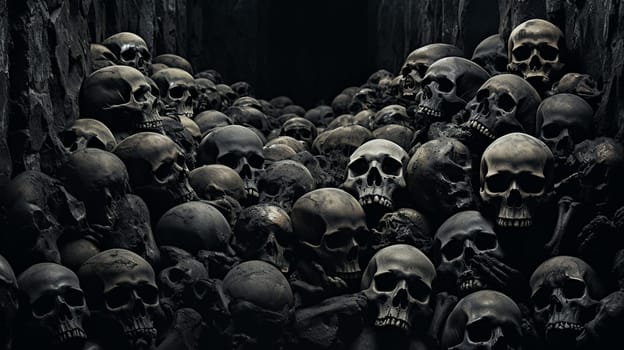 Awesome pile of skull human and bone on black cloth background, concept of scary crime scene of horror or thriller movies,Halloween theme, Still Life style, selective focus,. High quality photo