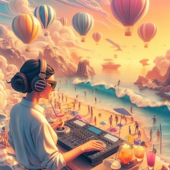 woman dj , wearing glasses earphone hosting dj set at crowded beach party in tropical island sunset ai generative art