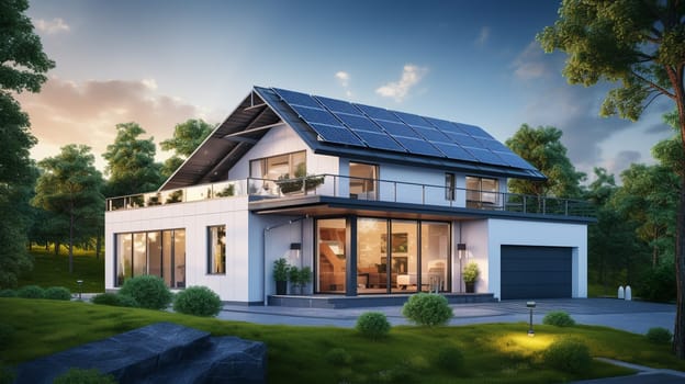 Solar panels on the roof of the house. 3D rendering. High quality photo