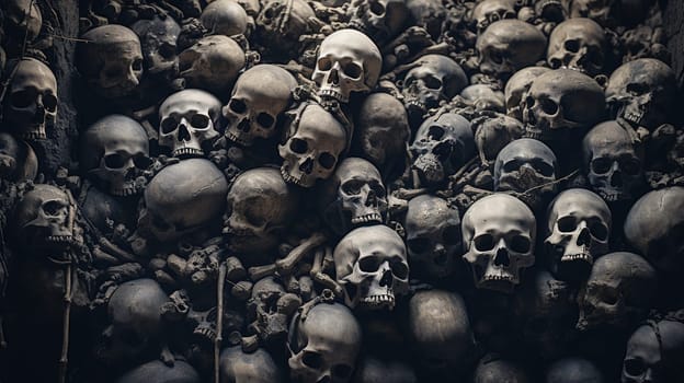 Awesome pile of skull human and bone on black cloth background, concept of scary crime scene of horror or thriller movies,Halloween theme, Still Life style, selective focus,. High quality photo