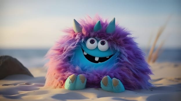 fluffy happy monster on the beach, generative AI. High quality photo