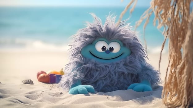 fluffy happy monster on the beach, generative AI. High quality photo