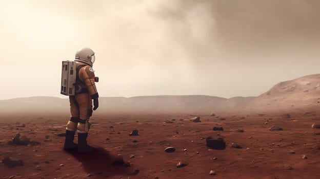 one astronaut in desert on Mars, generative AI. High quality photo