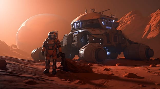 astronaut with big rover on Mars, generative AI. High quality photo