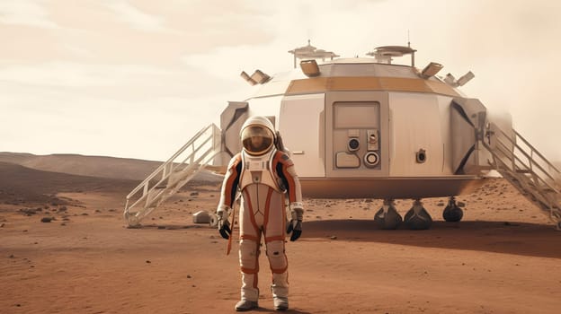 astronaut next to residential unit on Mars, generative AI. High quality photo