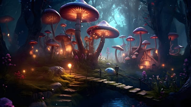 fairytale night forest with glowing giant mushrooms, generative ai. High quality photo