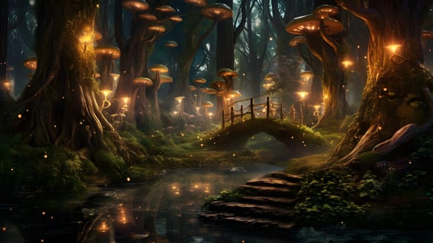 fairytale night forest with glowing giant mushrooms, generative ai. High quality photo
