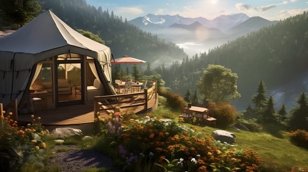 fancy camping tent between mountains, generative ai. High quality photo