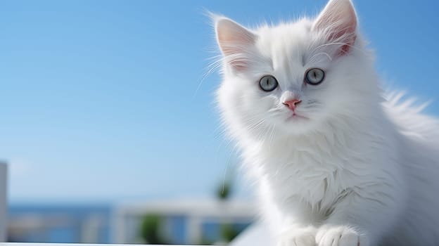 A white kitty is sitting on the windowsill surrounded by blue sky .