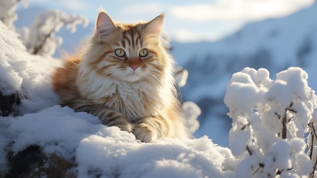 Adorable, ginger fluffy cat lie on the snow in a beautiful winter landscape.