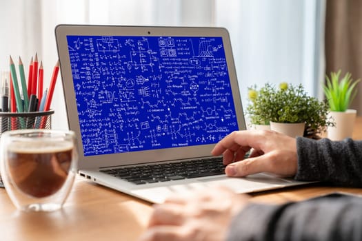 Mathematic equations and modish formula on computer screen showing concept of science and education