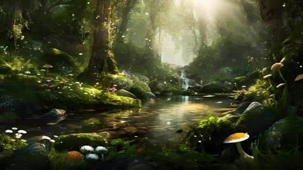 beautiful fairytale spring forest with a stream, generative ai. High quality photo