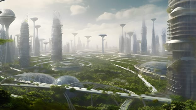 city of the future with skyscrapers and balcony gardens, generative ai. High quality photo