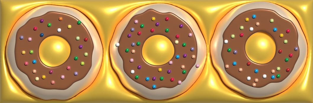 Donuts with colorful sugar sprinkles on a yellow background, 3D rendering illustration