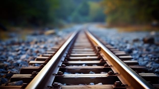 Close-up of railway tracks with a blurred natural backdrop, symbolizing travel, direction, and the journey ahead