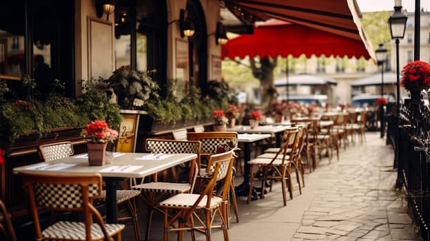 A serene Parisian cafe setup with wicker chairs and tables on a sidewalk, awaiting guests