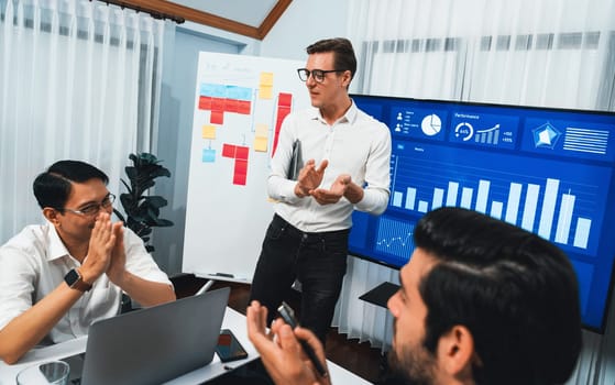 Presentation in office or meeting room with analyst team utilizing BI Fintech to analyze financial data. Businesspeople analyzing BI dashboard power display on TV screen for strategic planning.Prudent