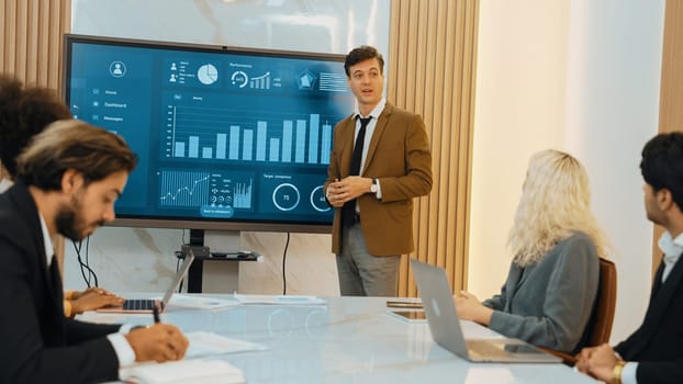 Presentation in office or ornament meeting room with analyst team utilize BI Fintech to analyze financial data. Businesspeople analyzing BI dashboard power display on TV screen for strategic planning