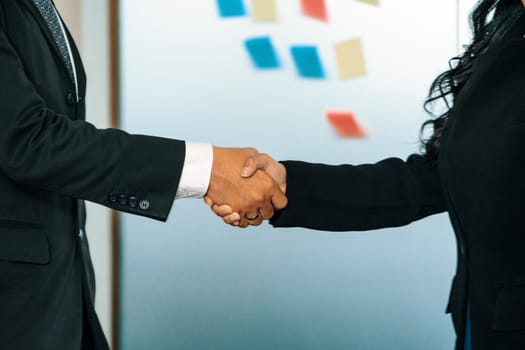 Business people agreement concept. Businessman and Asian businesswoman do handshake in the office. uds