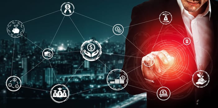 Finance and Money Transaction Technology Concept. Icon Graphic interface showing fintech trade exchange, profit statistics analysis and market analyst service in modern computer application. uds