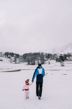 Dad and small child walk holding hands through a snowy village pasture. Back view. High quality photo