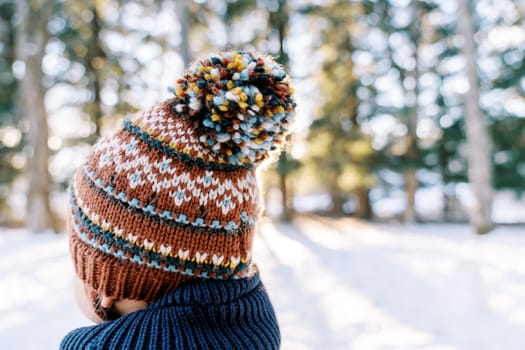 Small child in a knitted colorful hat stands on the edge of a snowy forest and looks into the distance. Back view. High quality photo