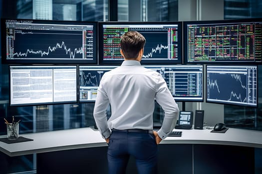 A rear view of a male trader looking at interactive monitors with stock price charts, a rear view of a standing broker.