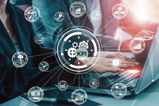 KPI Key Performance Indicator for Business Concept - Modern graphic interface showing symbols of job target evaluation and analytical numbers for marketing KPI management. uds