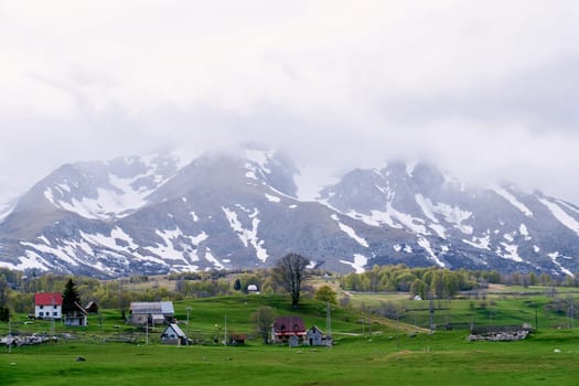Small village in a green valley at the foot of snow-capped mountains. High quality photo