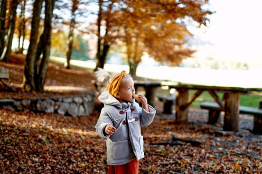 Little girl eating a bun standing in autumn park. High quality photo
