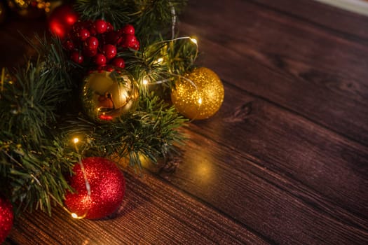 Christmas Decoration Over Wooden Background. Decorations over Wood, Copy-space.