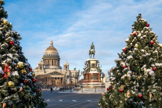 Saint-Petersburg, Russia. - January 02, 2024. View of St. Isaac's Cathedral and the monument to Nicholas 1.