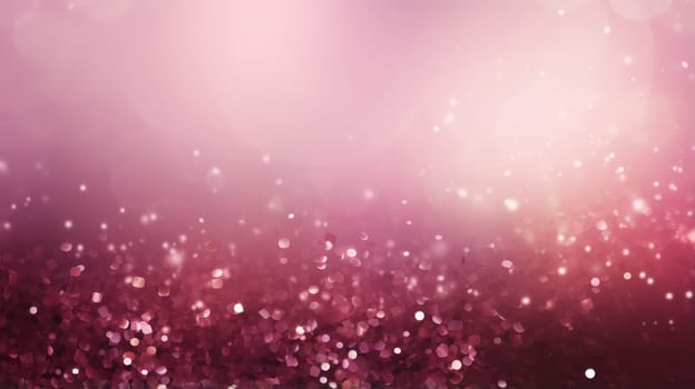 Pink glitter sequins and particles, light bokeh shining background. Scattered sparkling and glowing confetti on soft blurred dusty backdrop. Valentines day banner template with copy space
