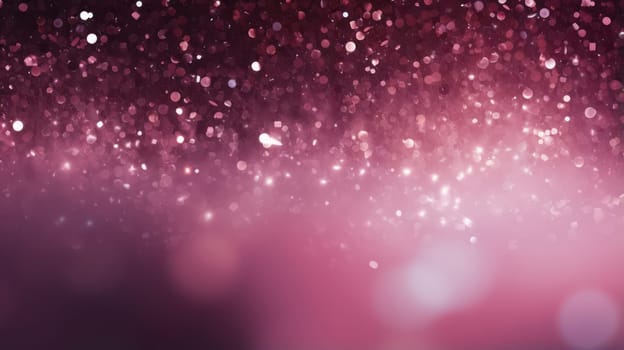 Pink shining background with glitter, sparkling sequins and glowing particles, light bokeh on soft blurred dusty backdrop. Valentines day banner template with copy space