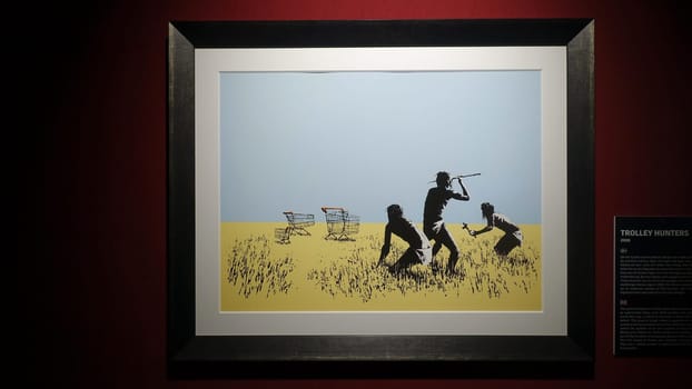 Stockholm, Sweden, December 29 2023. Art exhibition. The mystery of Banksy A genius mind. Hunters.