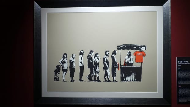 Stockholm, Sweden, December 29 2023. Art exhibition. The mystery of Banksy A genius mind. Capitalism.
