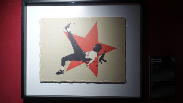 Stockholm, Sweden, December 29 2023. Art exhibition. The mystery of Banksy A genius mind. Football.