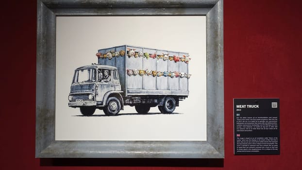 Stockholm, Sweden, December 29 2023. Art exhibition. The mystery of Banksy A genius mind. Meat.