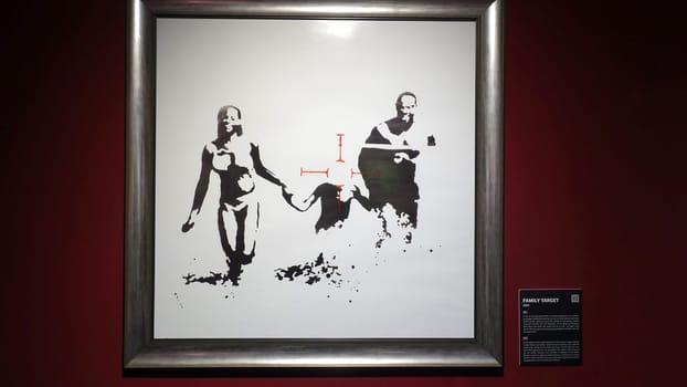 Stockholm, Sweden, December 29 2023. Art exhibition. The mystery of Banksy A genius mind. Family.