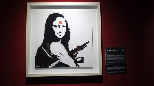 Stockholm, Sweden, December 29 2023. Art exhibition. The mystery of Banksy A genius mind. Mona Lisa.
